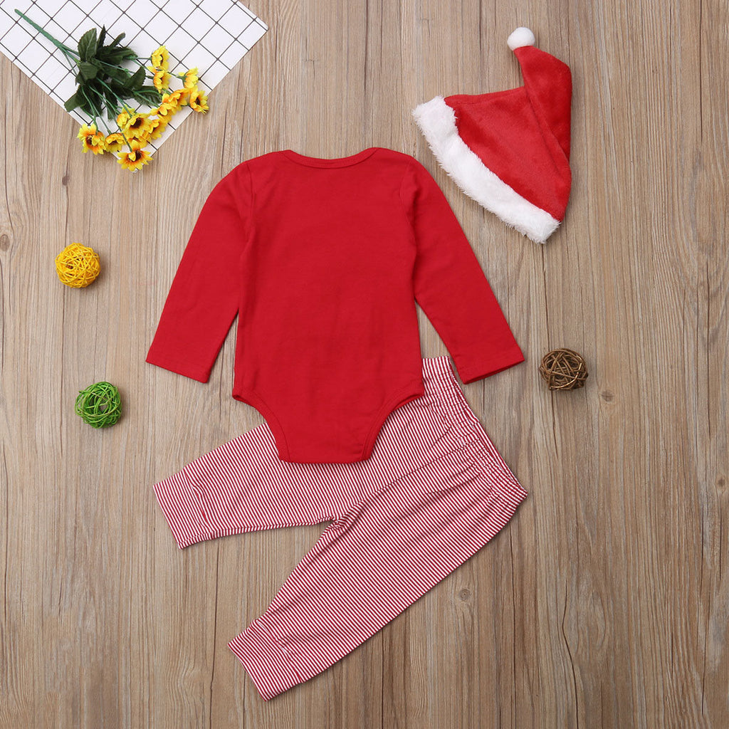 Christmas Letter Printed Romper And Santa Claus Striped Pants And Christmas Hat Baby Set Girl - PrettyKid