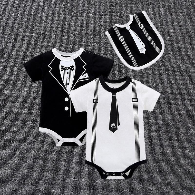 Baby Boys Solid Color Gentleman Print Short Sleeve Triangle Romper Jumpsuit - PrettyKid