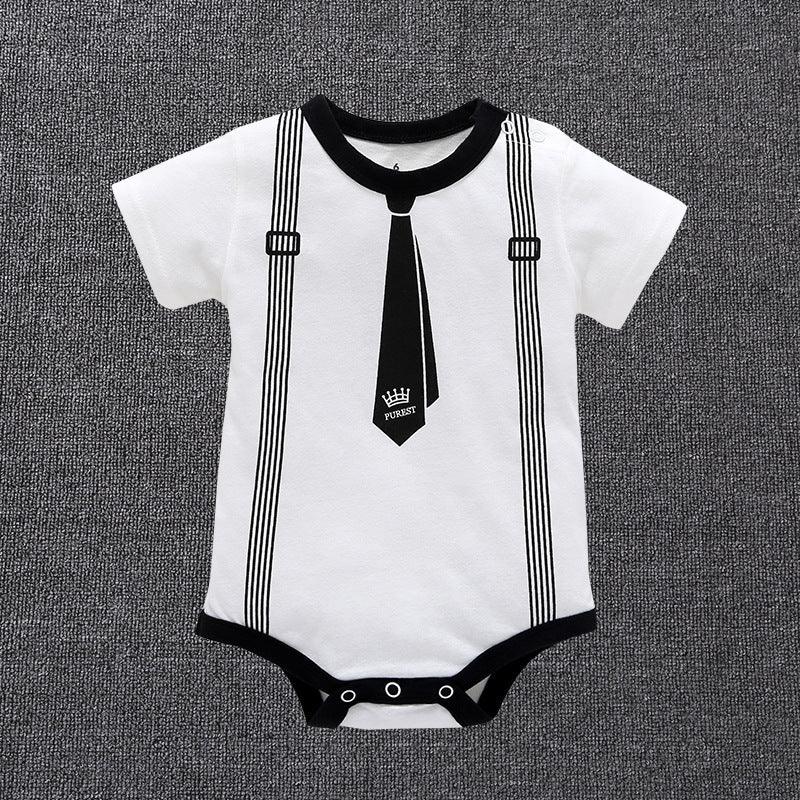 Baby Boys Solid Color Gentleman Print Short Sleeve Triangle Romper Jumpsuit - PrettyKid