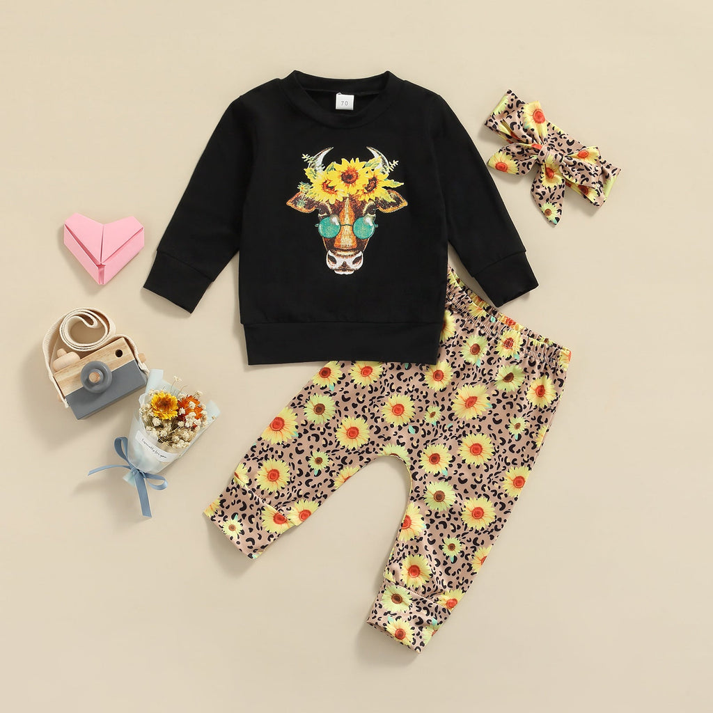Cow Print Sweatshirt And Sunflower Leopard Print Pants And Headband 3 Piece Baby Outfit Sets - PrettyKid