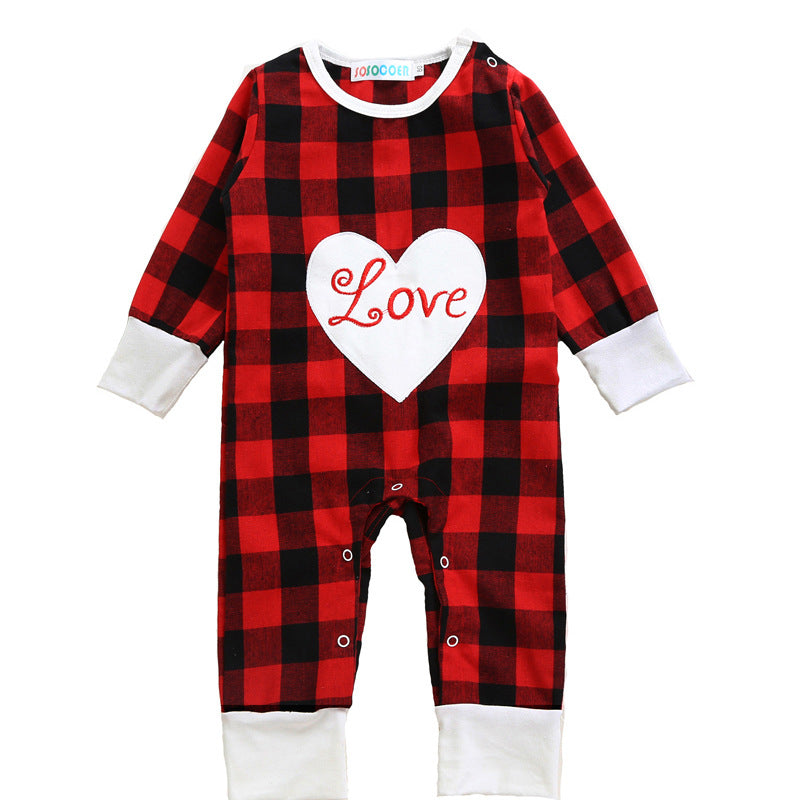 Christmas Love Heart & Plaid Print Baby Girl Romper Jumpsuit - PrettyKid