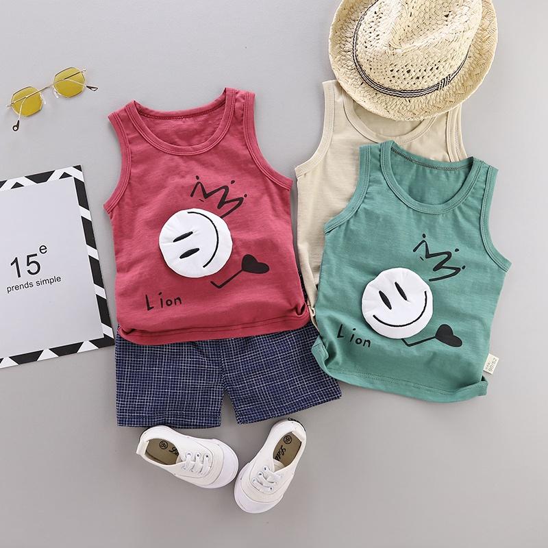 Toddler Boy Emoji Pattern Vest & Plaid Shorts Children's Clothing - PrettyKid
