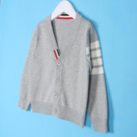 Toddler Kids Solid Color Striped Print Long Sleeve V-neck Cardigan Knit Sweater Cotton Sweater - PrettyKid