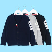 Toddler Kids Solid Color Striped Print Long Sleeve V-neck Cardigan Knit Sweater Cotton Sweater - PrettyKid