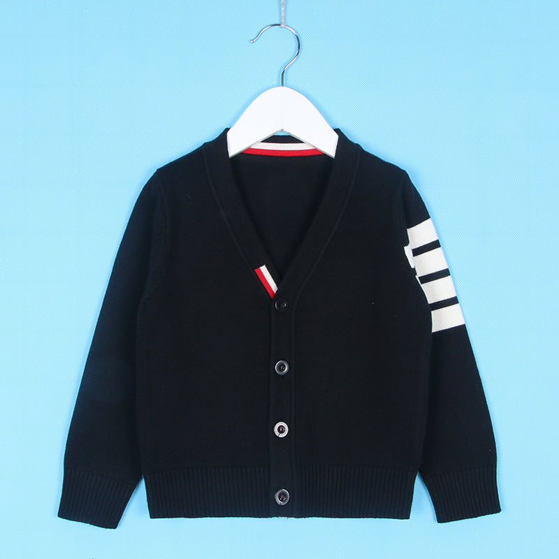 Toddler Kids Solid Color Striped Print Long Sleeve V-neck Cardigan Knit Sweater Cotton Sweater - PrettyKid
