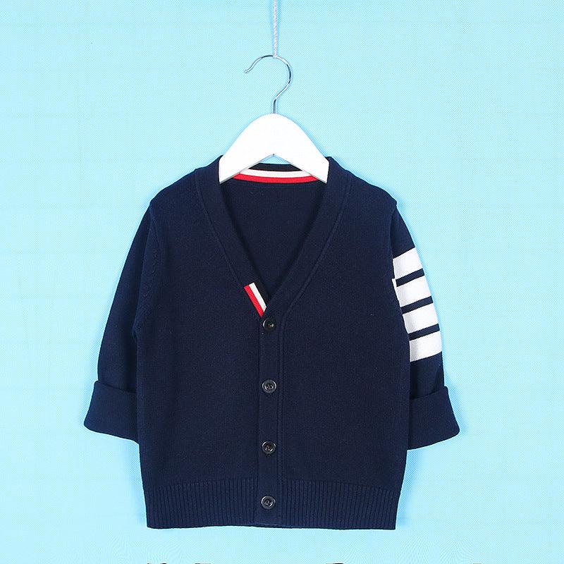 Toddler Kids Solid Color Striped Print Long Sleeve V-neck Cardigan Knit Sweater Cotton Sweater - PrettyKid