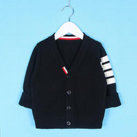 Toddler Kids Solid Color Striped Print Long Sleeve V-neck Cardigan Knit Sweater Cotton Sweater - PrettyKid