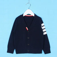 Toddler Kids Solid Color Striped Print Long Sleeve V-neck Cardigan Knit Sweater Cotton Sweater - PrettyKid