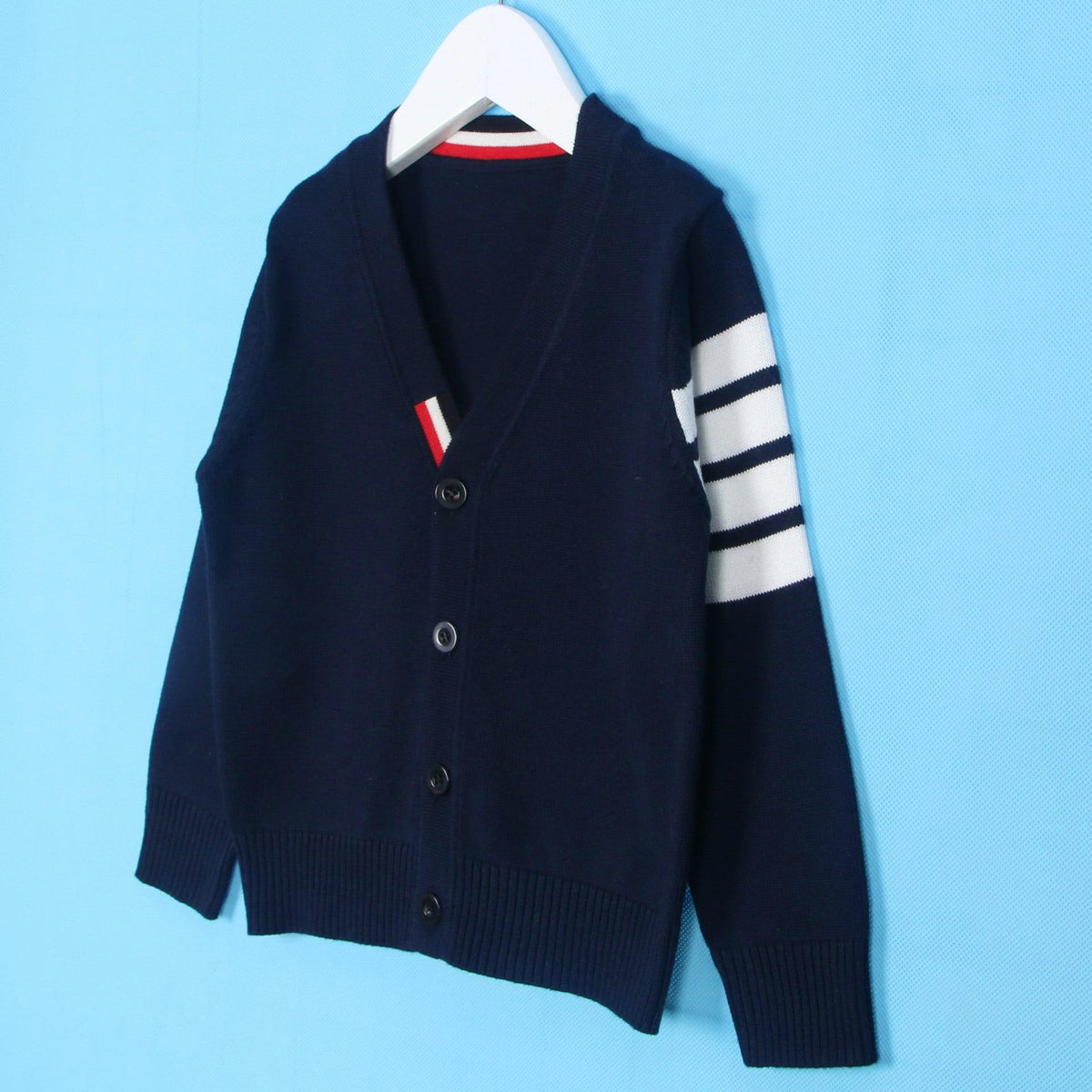 Toddler Kids Solid Color Striped Print Long Sleeve V-neck Cardigan Knit Sweater Cotton Sweater - PrettyKid