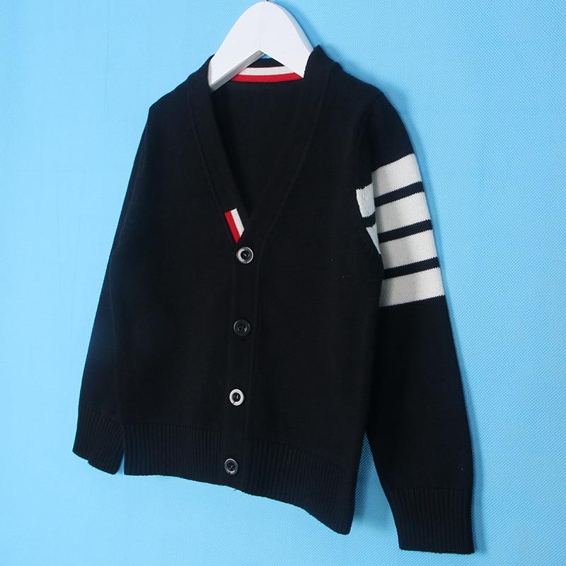 Toddler Kids Solid Color Striped Print Long Sleeve V-neck Cardigan Knit Sweater Cotton Sweater - PrettyKid