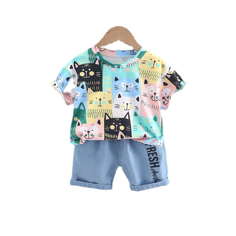 9months-4years Toddler Sets Boys And Girls Children's Clothing Suits Kitten T-Shirt & Denim Shorts - PrettyKid