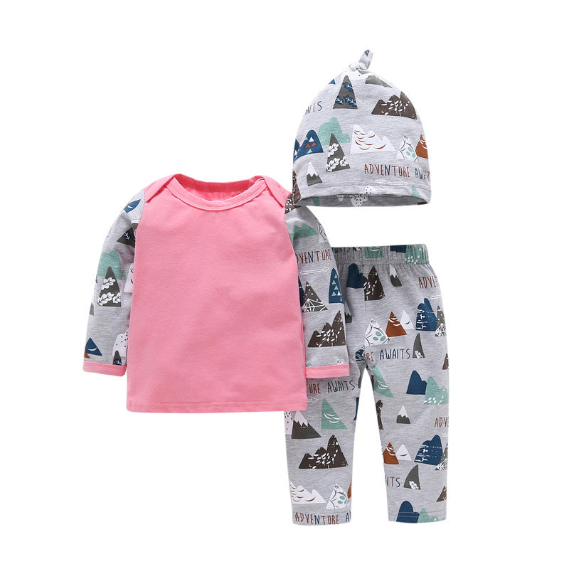 Baby Boys Girls Solid Color Long Sleeve Top Printed Trousers Hat Set Organic Kids Clothes Wholesale - PrettyKid