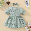 9M-4Y Baby Girl Casual Dresses Printed Flared Short Sleeve V-Neck Bow Wholesale Baby Boutique Clothing - PrettyKid