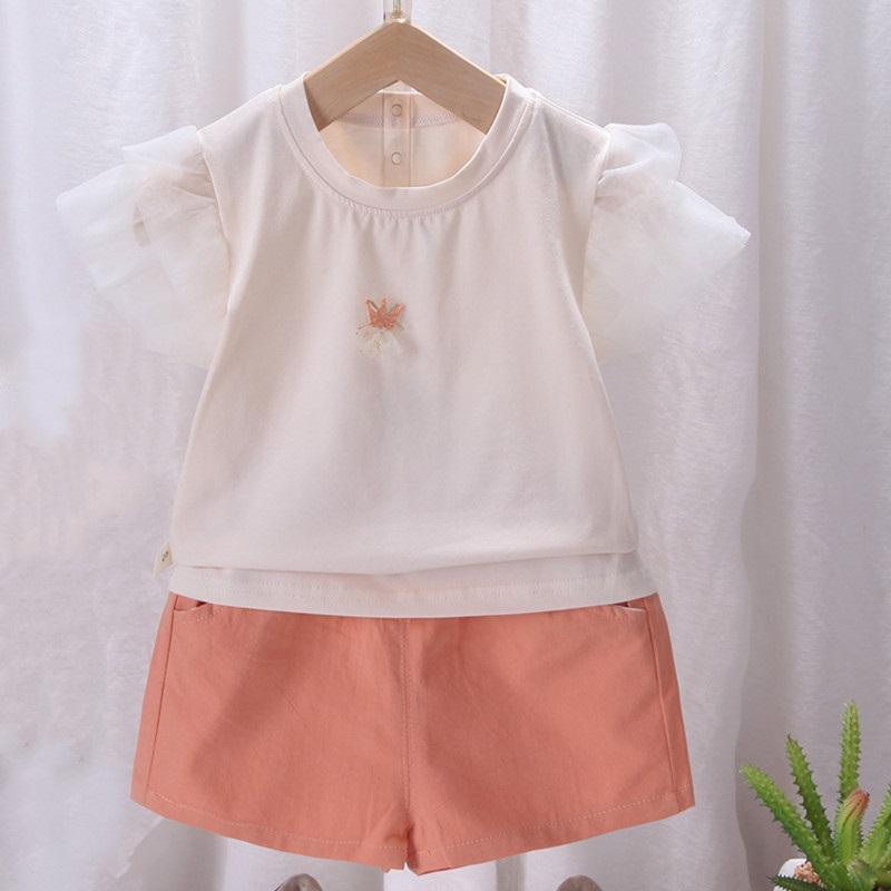 Toddler Girl Mesh Ruffle Sleeves Top & Shorts - PrettyKid