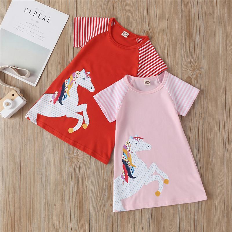 Short-Sleeve Striped Horse Print Dress - PrettyKid