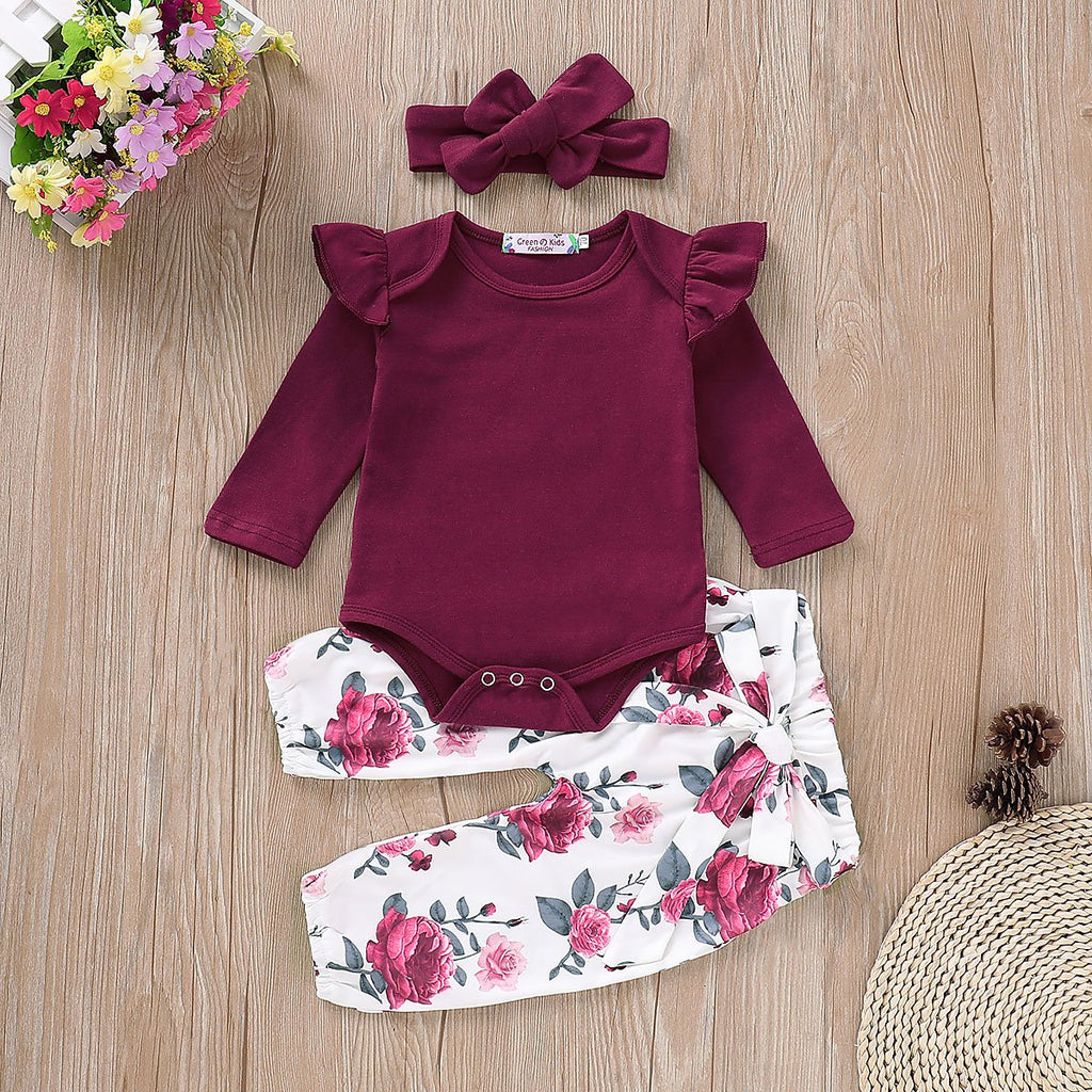 3-piece Solid Ruffle Bodysuit with Headband & Pants for Baby Girl Children's clothing wholesale - PrettyKid