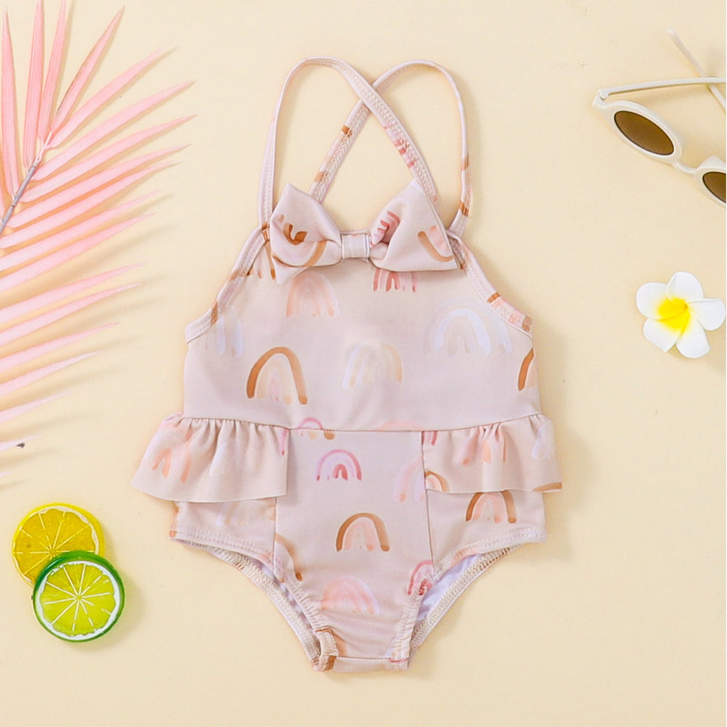 0M-3Y Rainbow Print Bow-Panel Sling Triangle One-Piece Swimsuit Wholesale Baby Clothes - PrettyKid