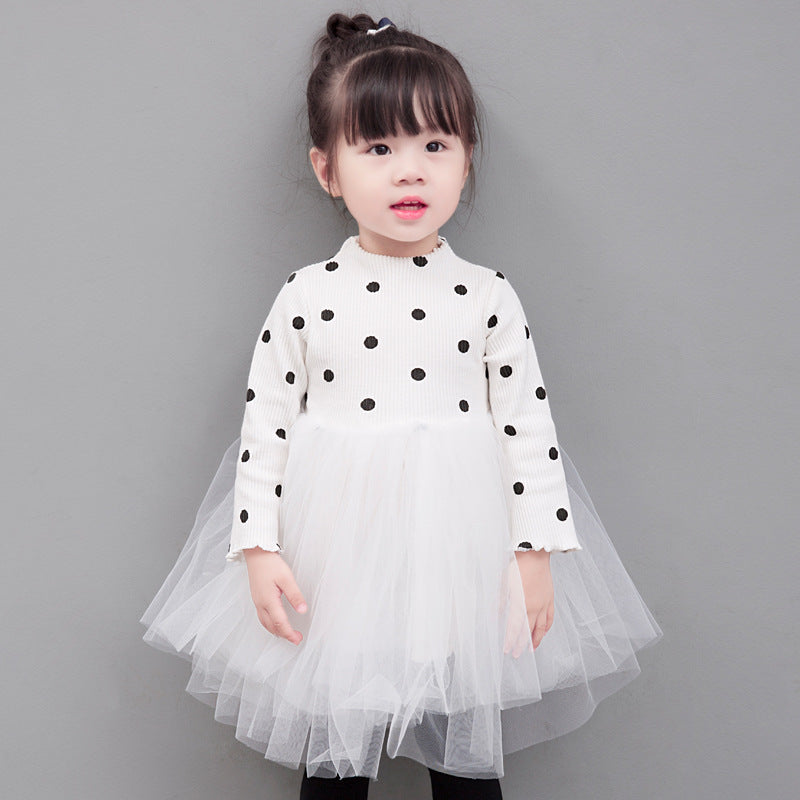 Girls Dot Long Sleeve Sweater Dress Knitted Mesh Skirt Fluffy Long Skirt - PrettyKid