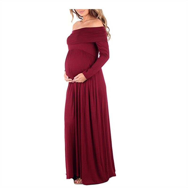 Women's Solid Color Long-sleeved One-shoulder Lapel Drag Maternity Dress - PrettyKid