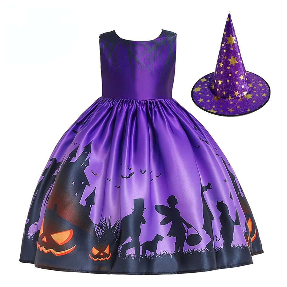 Children Kids Sleeveless Satin Pumpkin Print Halloween Dress - PrettyKid