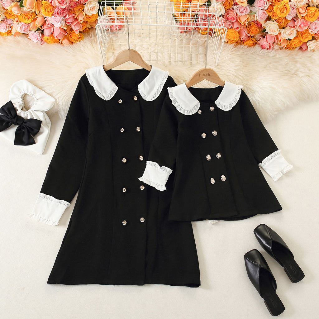 Mom Baby Clothes Color-block Long-sleeve Shirt Collar Dress in Bulk - PrettyKid