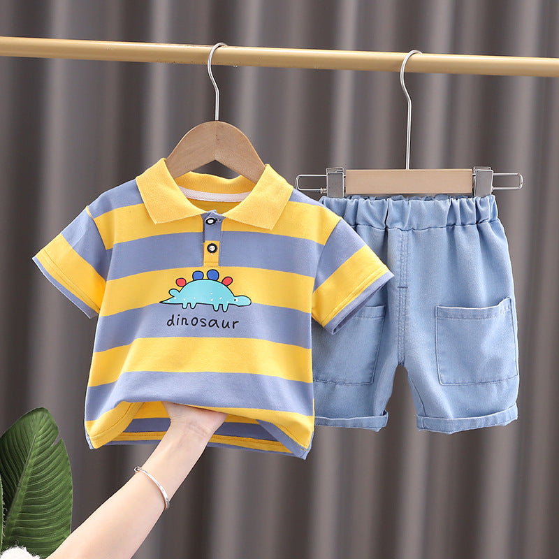 9M-4Y Toddler Boys Sets Dinosaur Striped Polo Shirts & Denim Shorts Wholesale Boys Boutique Clothing - PrettyKid