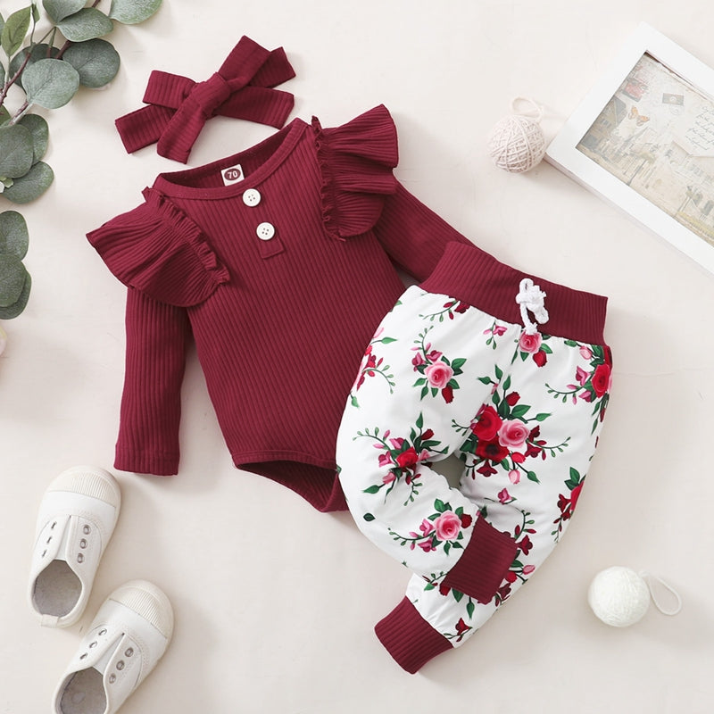Baby Girl Solid Color Bodysuit & Floral Leopard Print Pants & Headband - PrettyKid