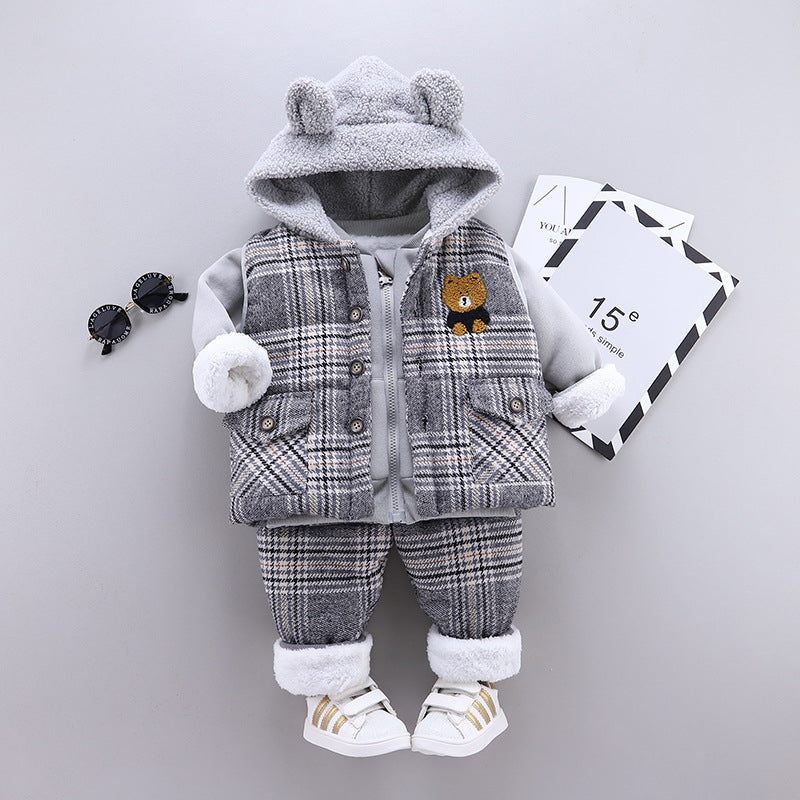 3 Pieces Bear Plaid Sleeveless Hooded Jackets & Pants Sets Fashion Clothes For Boys - PrettyKid