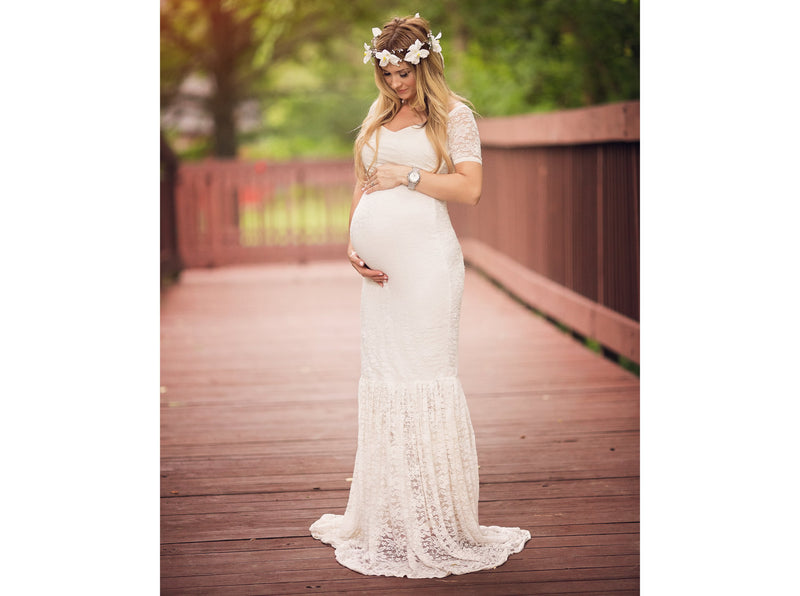 Solid Color Large V-neck Long Sleeve Lace Trailing Dress Maternity Dress Shooting - PrettyKid