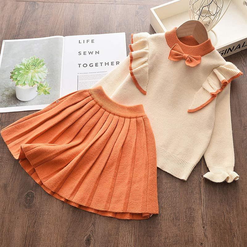 2-piece Solid Bow Decor Sweater & Skirt for Toddler Girl Children's Clothing - PrettyKid