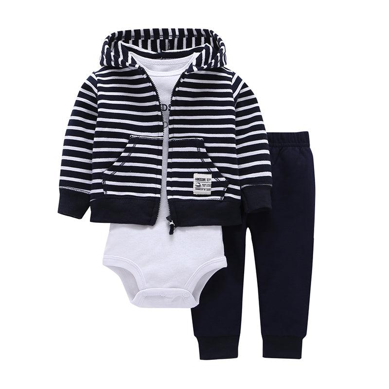 Autumn/ Winter Baby Long-sleeved Hooded Garb Striped Jacket Khaki Pants Three-piece Set Wholesale Baby Clothes Bulk - PrettyKid