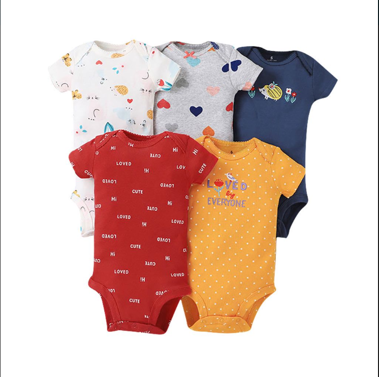5PCs Set Jumpsuit Baby Boys Girls Short Sleeve Mixed Color Printing Triangle Jumpsuit Creeper 6 - PrettyKid