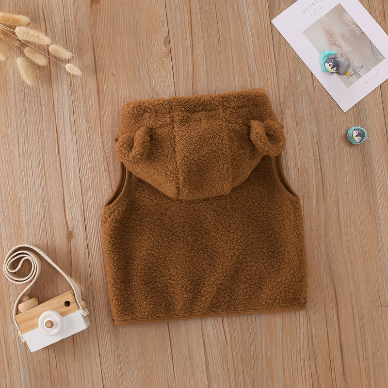 Boys And Girls Brown Solid Color Sleeveless Hoodie Wholesale Coats - PrettyKid