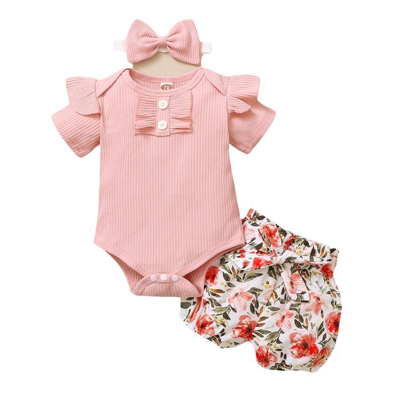 Baby Girl 3pcs Floral Pattern Suit T-Shirt & Short & Headhand - PrettyKid