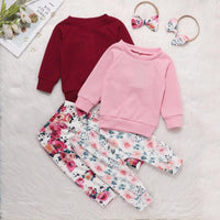 best children's wholesale clothing Toddler Girl Solid Color Sweater & Floral Print Pants & Headband - PrettyKid