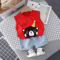 Toddler Boy Cartoon Bear Pattern Sleeveless Top & Denim Shorts - PrettyKid