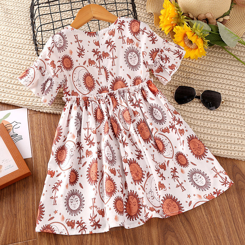 2-8Y Toddler Abstract Print Flare Sleeve Crew Neck Dresses For Girls Wholesale Girls Fashion Clothes - PrettyKid