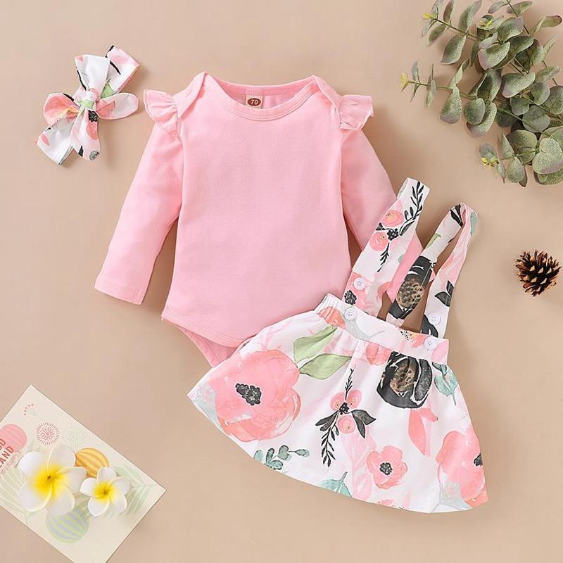 3-piece Solid Ruffle Bodysuit & Floral Printed Dress & Headband for Baby Girl Children's Clothing - PrettyKid