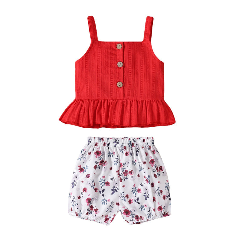 Baby Girl Red Top And Floral Shorts Baby Outfit Sets - PrettyKid