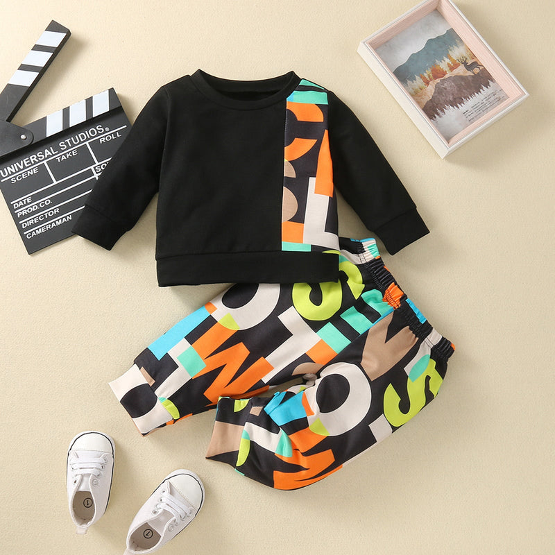 Colorblock Letter Print Hoodie Set With Long Pant Kids Designer Clothes Wholesale - PrettyKid