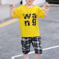 Boy Letter Print T-shirt & Plaid Cropped Pants - PrettyKid