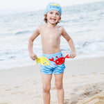 Kid Boy Cartoon Crab Patten Swimming Trunks & Swimming Cap 2 Pic Children's Clothing - PrettyKid