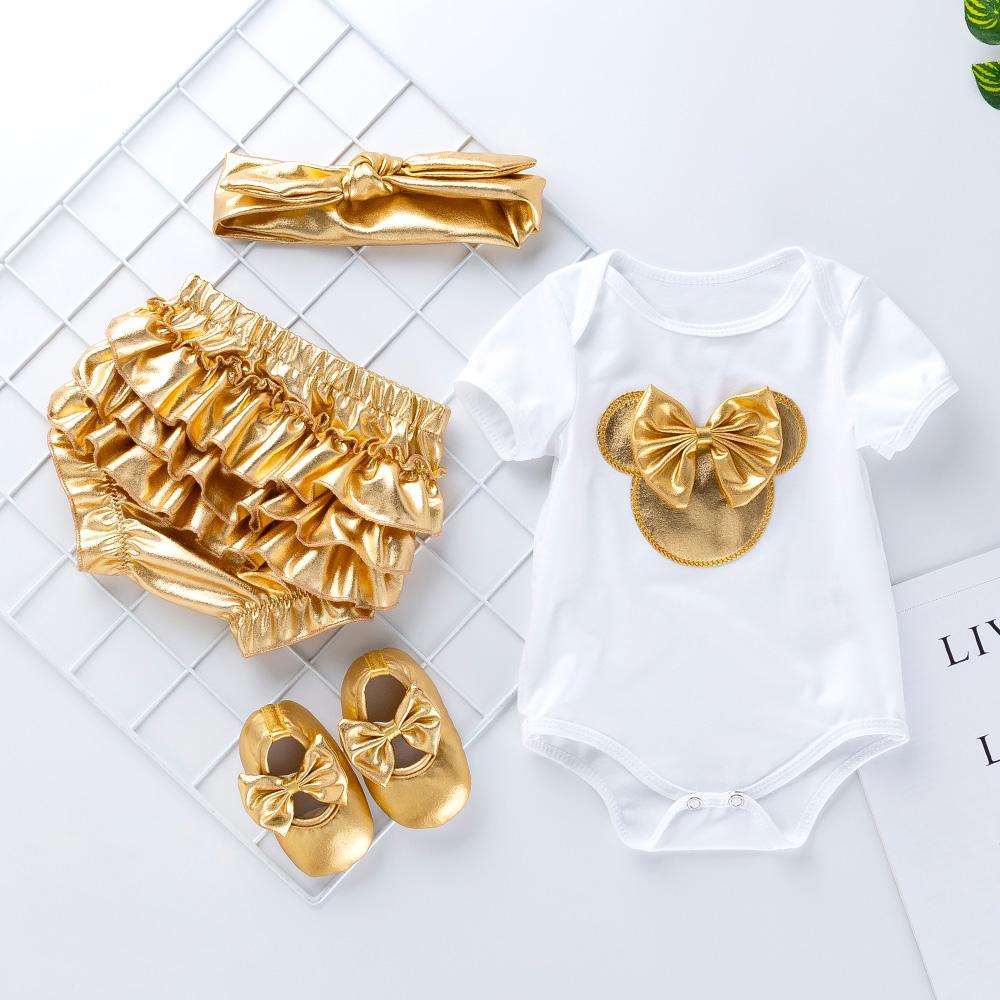 4-Piece Romper, Gold PP Shorts and Shoes with Headband for Baby Clothing Wholesale - PrettyKid