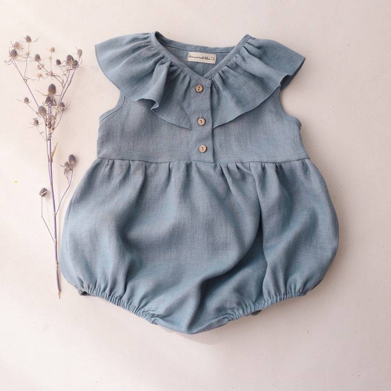 3-24M Baby Solid Ruffle Trim Sleeveless Cotton Linen Bodysuit Baby Clothes In Bulk - PrettyKid