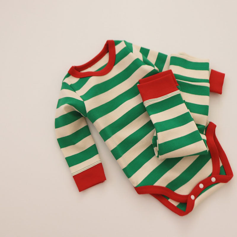 Christmas Striped Romper And Pants Two Piece Baby Sets - PrettyKid