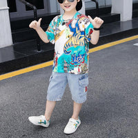 Boy Dinosaur Pattern T-shirt & Large Side Pockets Capri pants Children's Clothing - PrettyKid