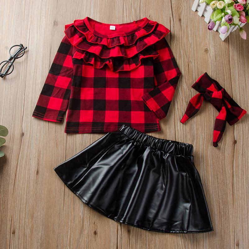 3-piece Plaid Pattern clothes & Short skirt & Headband for Children Girl - PrettyKid