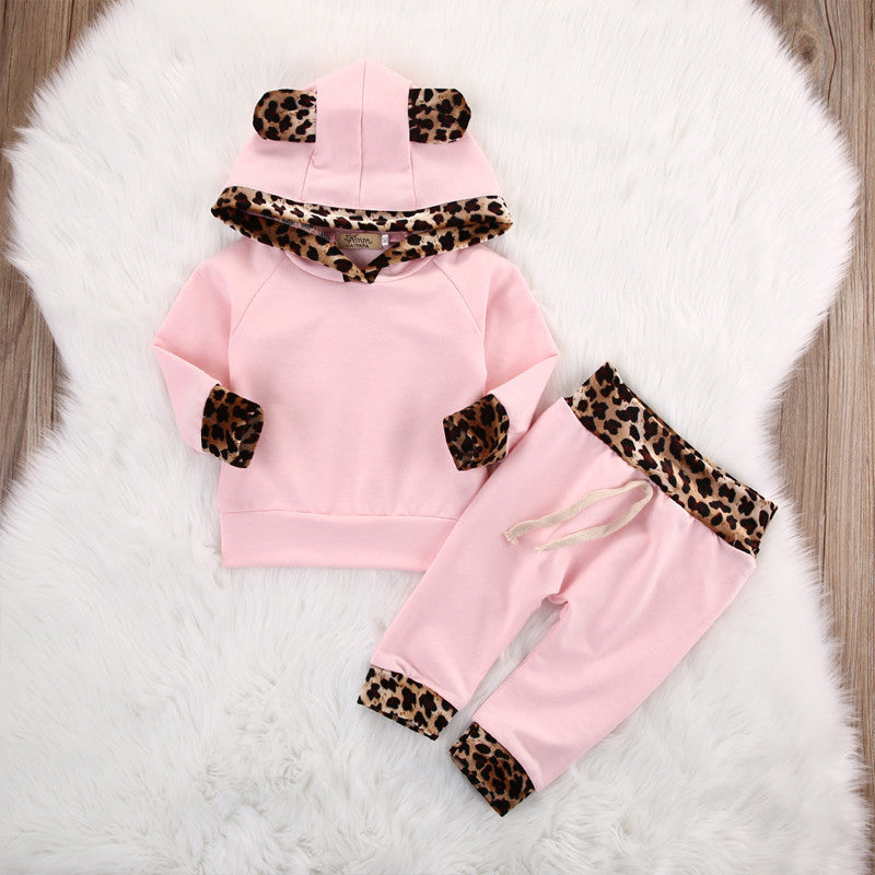 Girls Pink Leopard Hooded Long Sleeve Set - PrettyKid