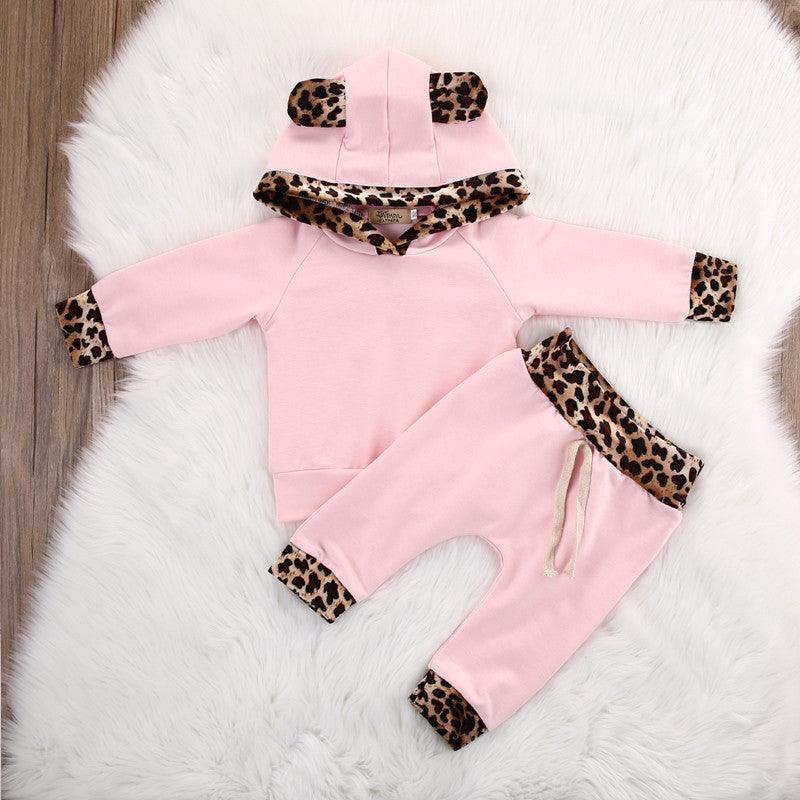 Girls Pink Leopard Hooded Long Sleeve Set - PrettyKid