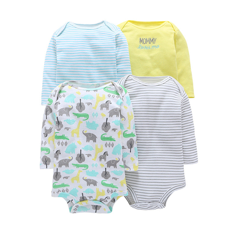 4pcs Baby Cute Cartoon Printed Long Sleeve Mixed Color Triangle Jumpsuit - PrettyKid